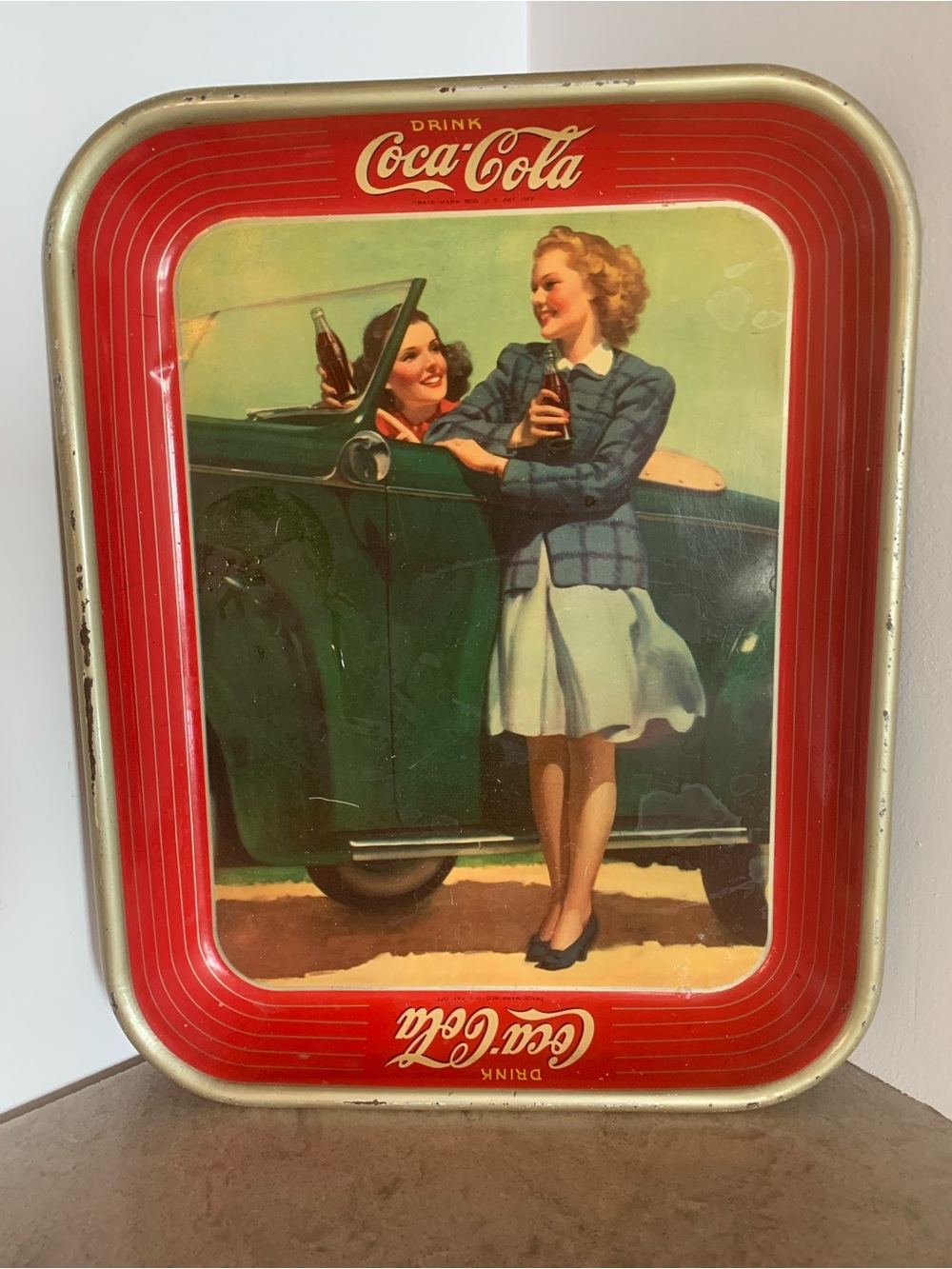 Vintage Original 1942 Coca-Cola Girls and Roadster Serving Tray